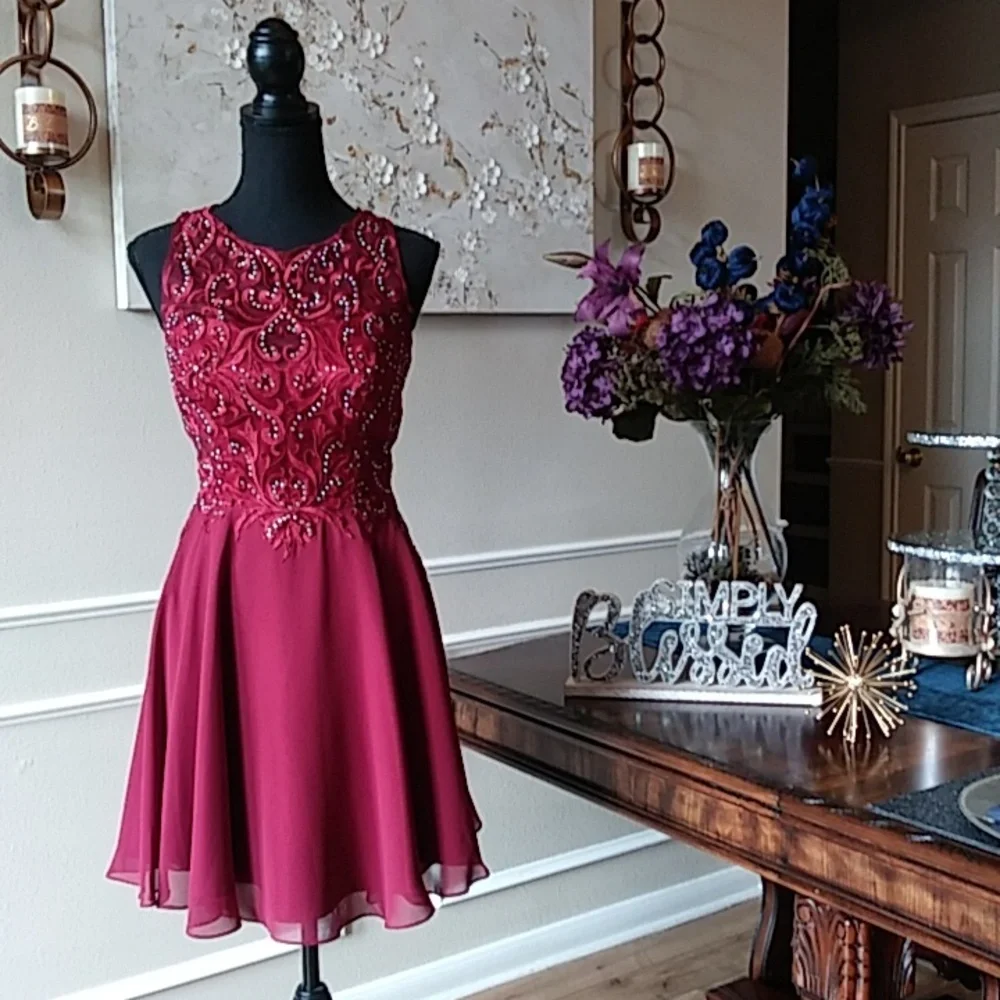 Eureka Fashion Embellished Chiffon A-line Cocktail Mini Dress. Size M - Picture 13 of 17